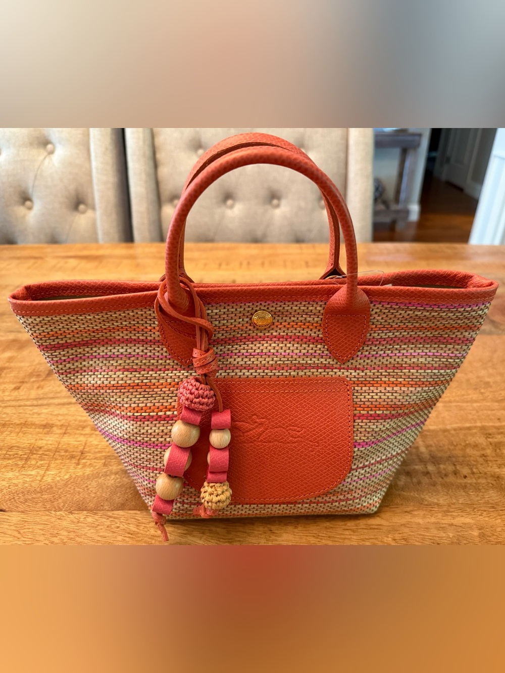 Longchamp Coral-Trim Woven Tote with Bead Tassel/ shoulder strap not included